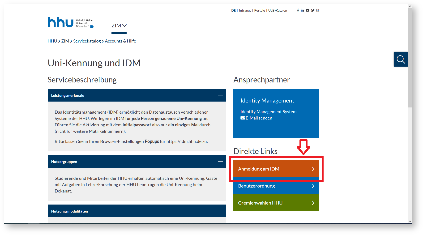 Bild zim.hhu.de-Seit Uni-Kennung und IDM. rechts in Marginalspalte 'Direkte Links' oranger Knopf 'Anmeldung am IDM' umrandet