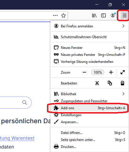 Bild Hamburger-Menü-Symbol im Firefox-Browser. Add-ons-Feld rot umkreist, alternativ zum darauf klicken kann man gleichzeitig Strg-, Umschalt- und A-Taste drücken