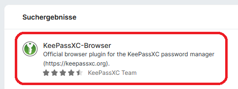 Bild Suchergebnisse. KeePassXC-Browser Add-on rot umkreist