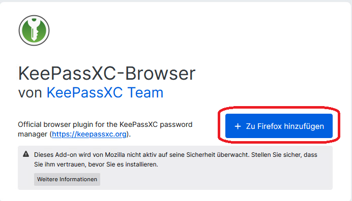 Bild KeePassXC Ad-on. blaues 'Zu Firefox hinzufügen'-Feld rot eingekreist