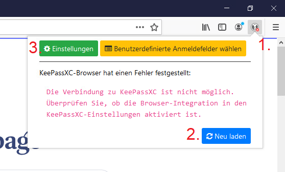 Bild KeePassXC Ad-on in Firefox-Browser oben rechts in Symbolleiste. 1. auf Erweiterung geklickt, 2. unten rechts auf 'Neu laden', 3. oben links auf 'Einstellungen'