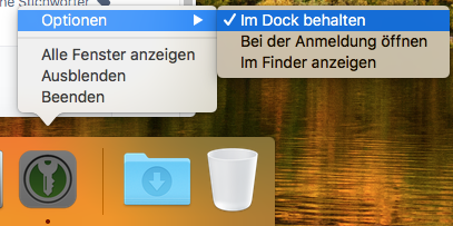 Bild KeePass App offen im Dock. Per Rechtsklick auf App, im Kontextmenü Maus über 'Optionen' halten, im sich öffnenden Menü 'Im Dock behalten' auswählen
