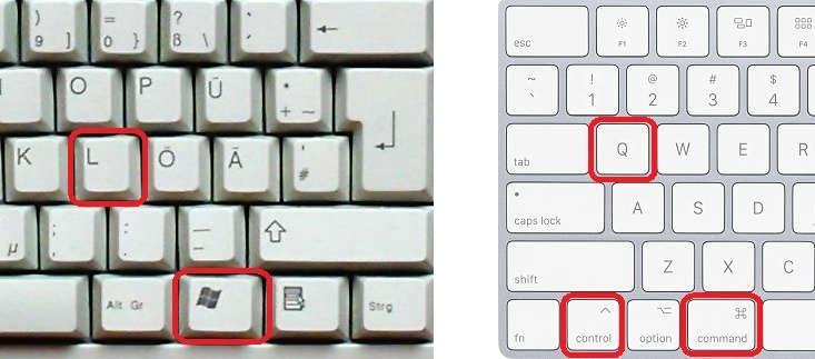 Bild Tastaturen, Arbeitsplatz sperren. Auf Windowstastatur sind Windows- und L-Taste rot umrandet, bei Mactastatur sind Control-, Command- und Q-Taste rot umrandet