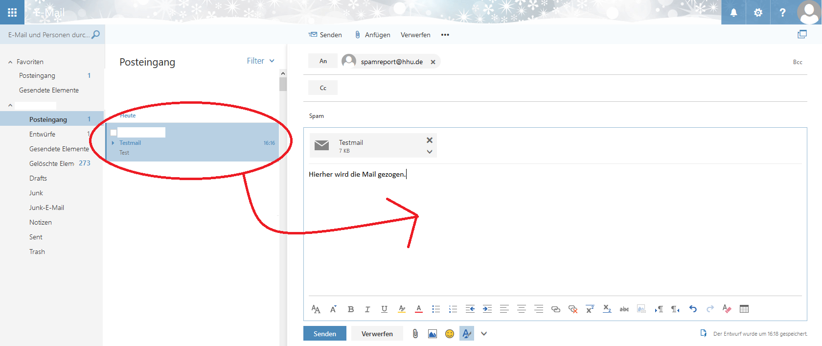 Der Screenshot zeigt mit einem roten Pfeil, dass man bei Exchange eine E-Mail aus dem Posteingang in eine neu erzeugte Mail ziehen muss, um diese als EML-Anhang verschicken zu können.