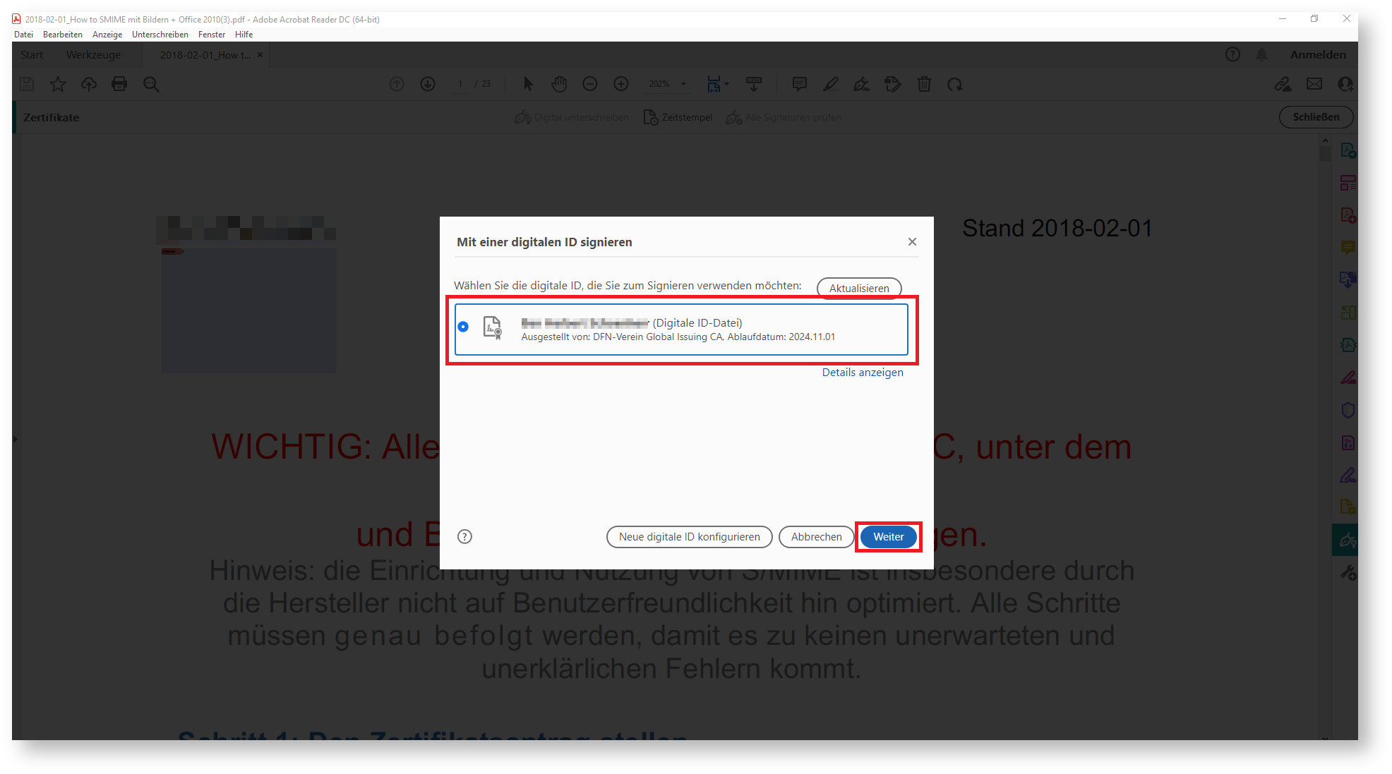 Bildschirmfoto. Digitale ID-Datei ausgewählt und rot markiert. unten rechts 'Weiter'-Knopf rot markiert