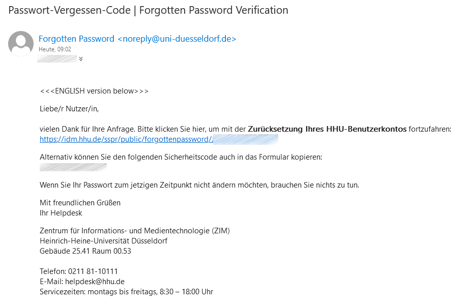 Bild Passwort-Vergessen-Code- Mail. Link um mit Zurücksetzung des HHU-Benutzerkontos fortzufahren, darunter der Sicherheitscode der alternativ manuell in das Formular kopiert werden kann