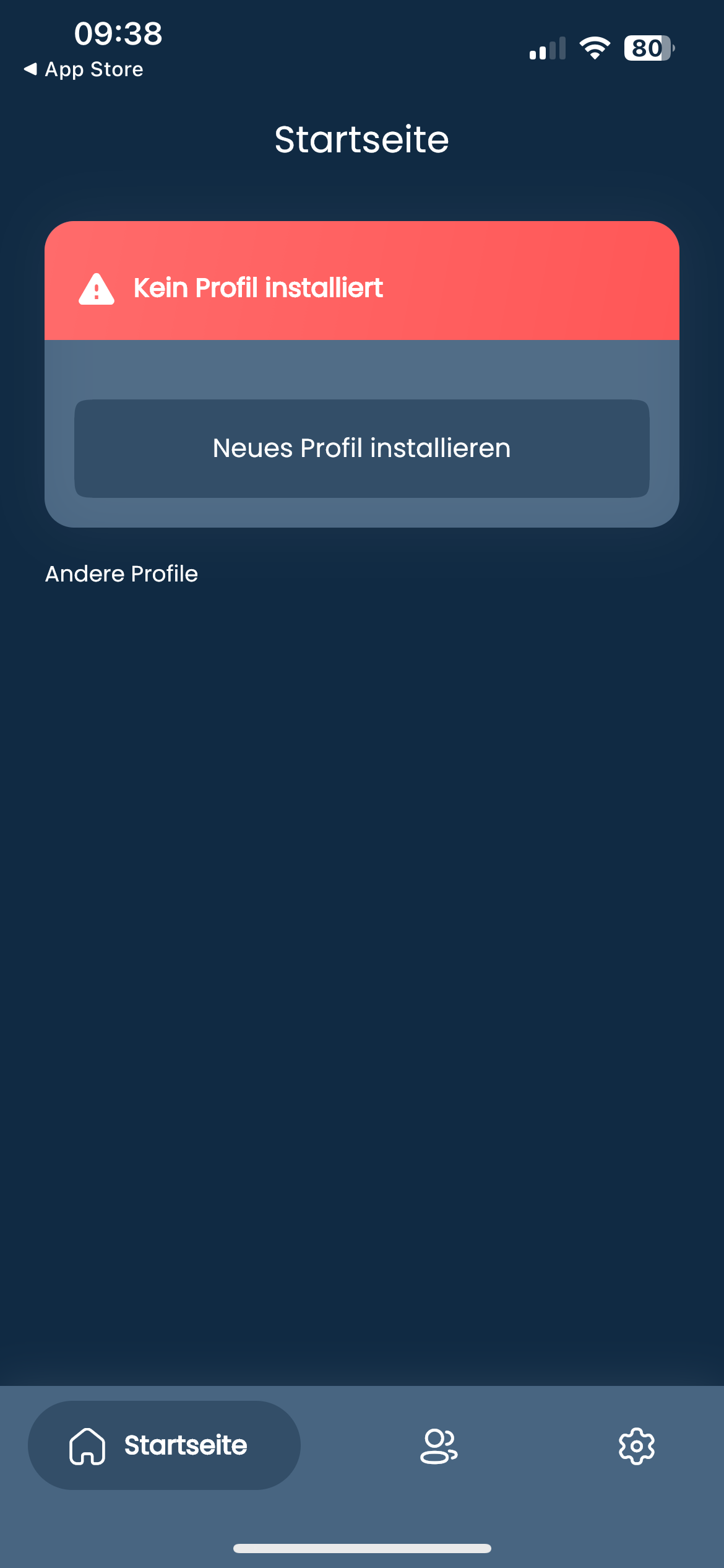 Bildschirmfoto. Startseite der Easyroam App. Ein roter Hinweistext, wo steht Kein Profil installiert. Ein Button darunter mit Neues Profil installieren.