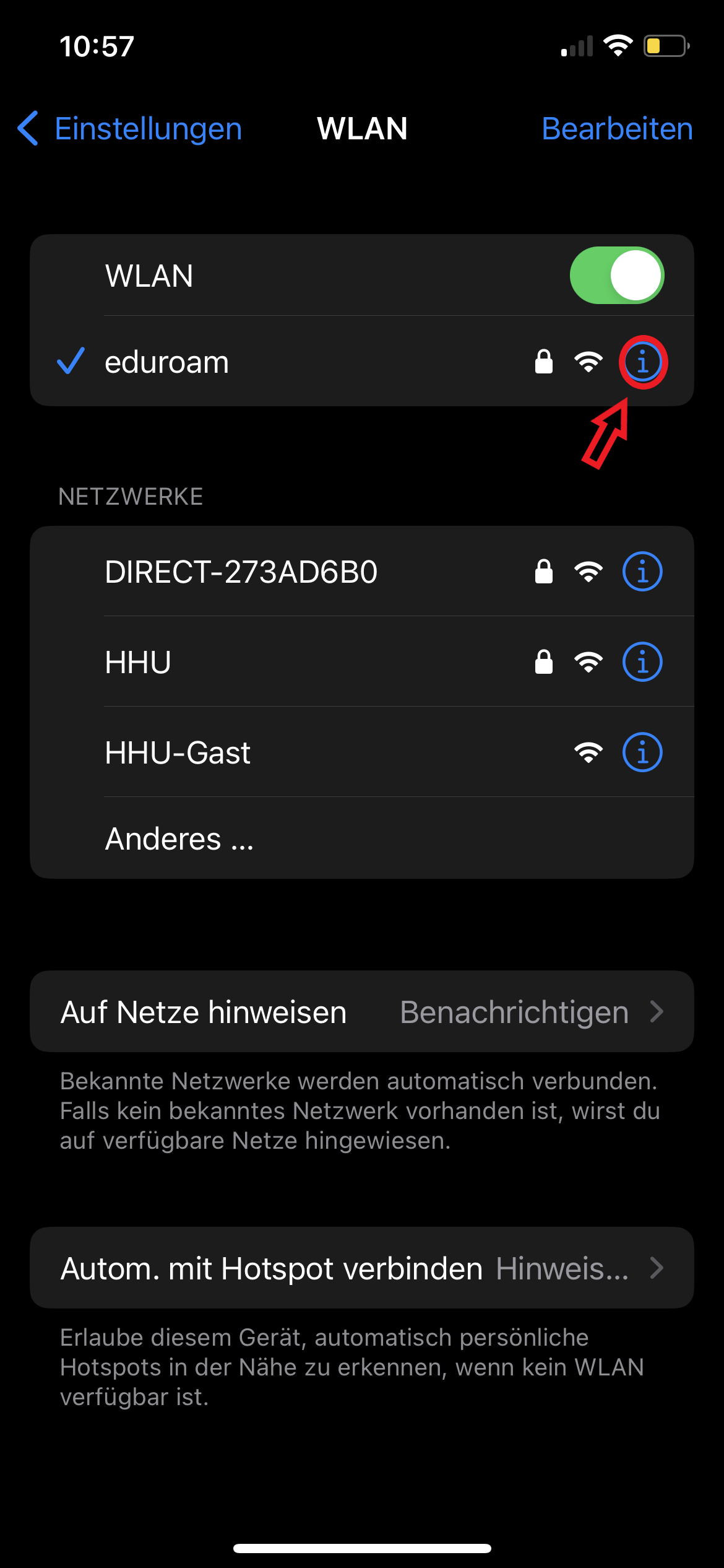 Bildschirmfoto. Einstellungen Bereich WLAN. rechter Informationspunkt neben Eduroam-Verbindung rot eingekreist und roter Pfeil zeigt darauf