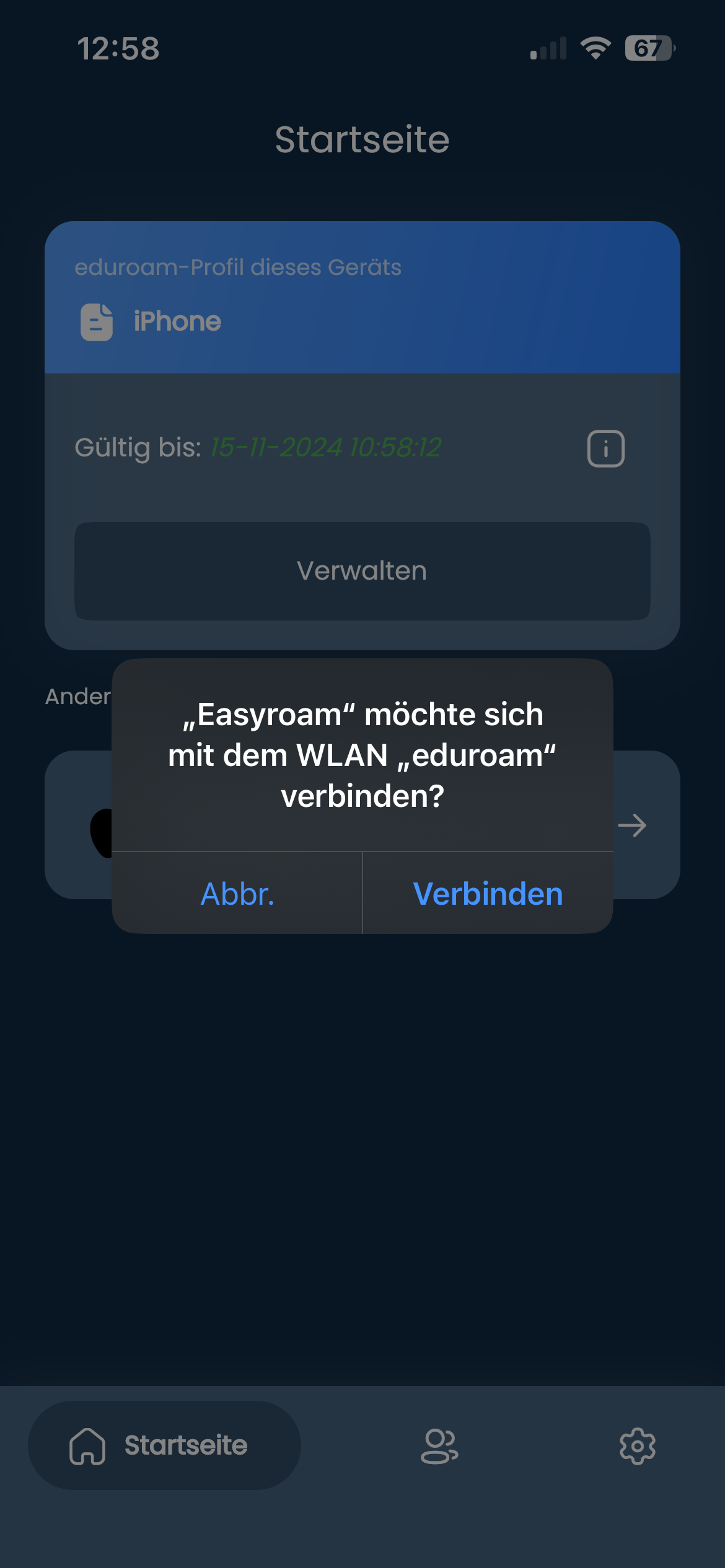 Bildschirmfoto. Ein Hinweisfenster. Easyroam möchte sich mit dem WLAN eduroam verbinden. Zwei Button nebeneinander. Abbrechen oder Verbinden.