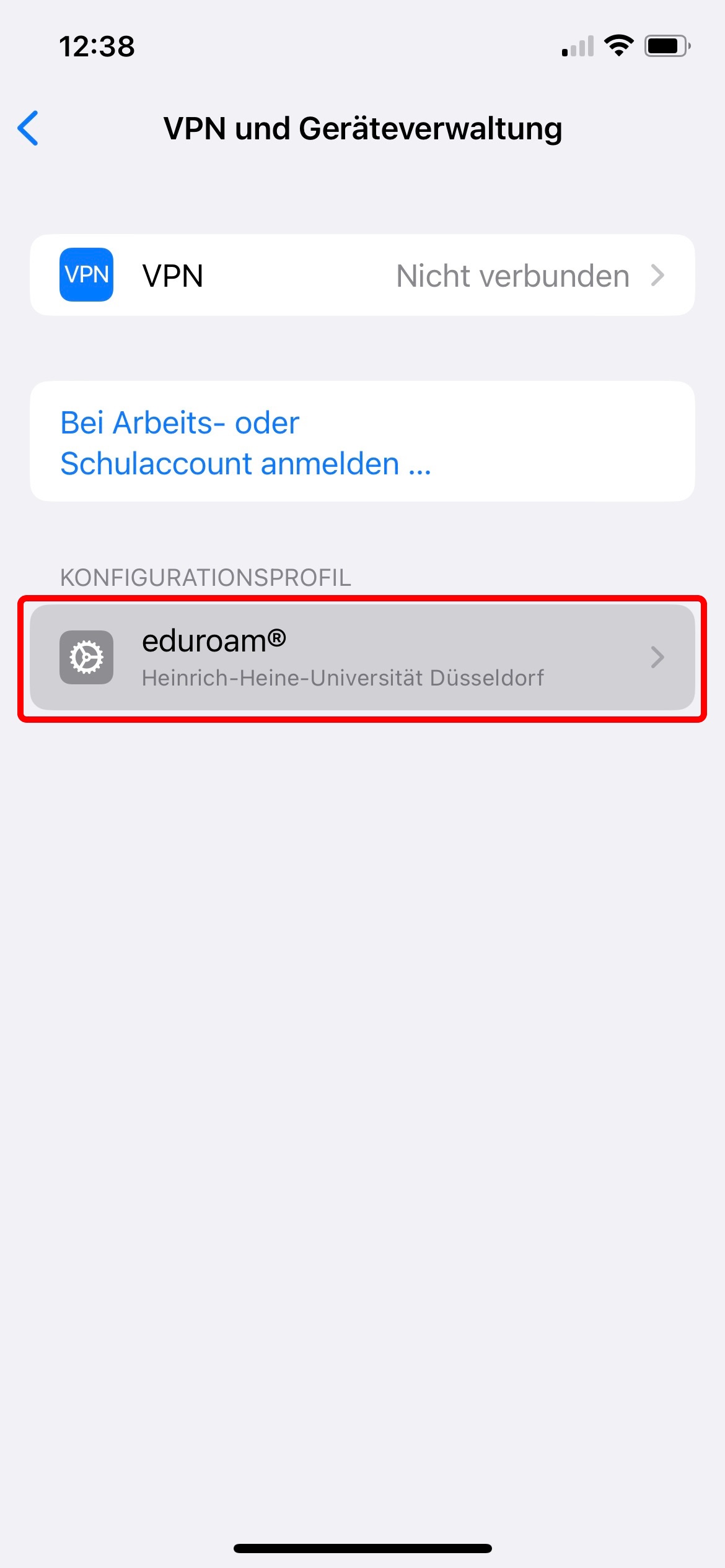 Bildschirmfoto. unter 'Konfigurationsprofil' eduroam- Profil rot umrandet