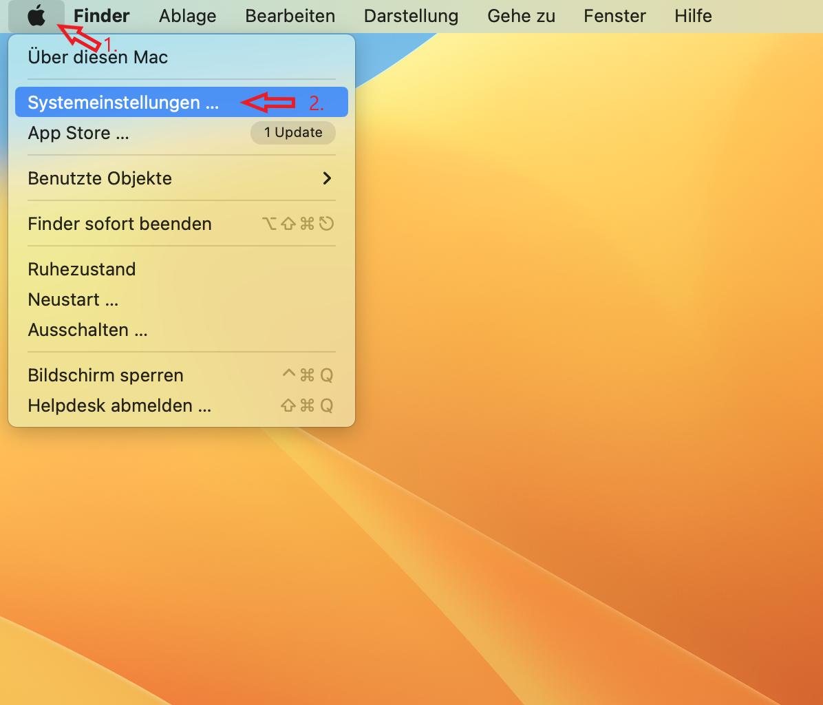 Bildschirmfoto. roter Pfeil mit roter '1.' auf Apfel-Symbol oben links auf Menüleiste. roter Pfeil mit roter '2.' auf 'Systemeinstellungen...'