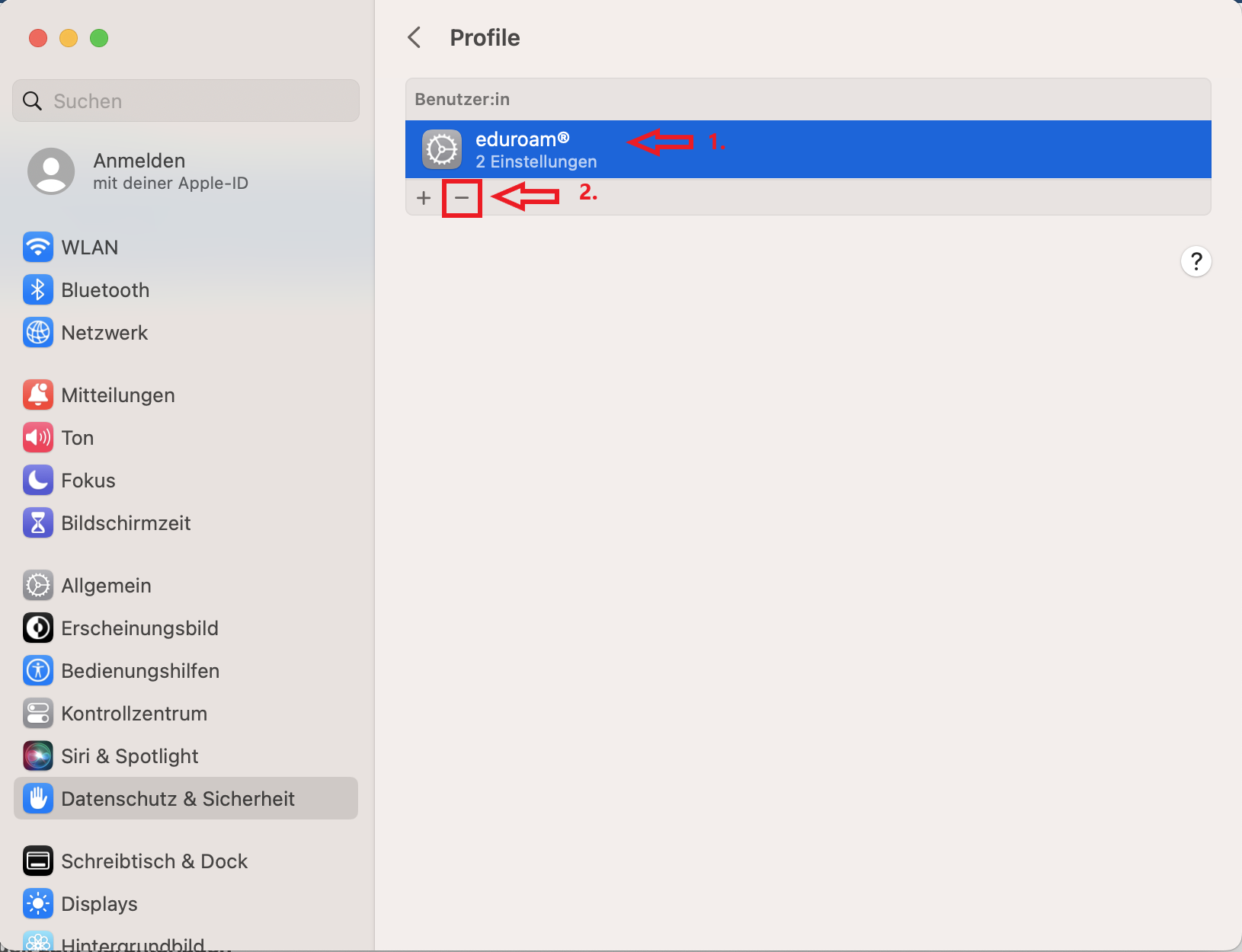 Bildschirmfoto. im Bereich 'Profile'. unter 'Benuterin' roter Pfeil mit roter '1.' auf eduroam. roter Pfeil mit roter '2.' auf Minus-Symbol darunter