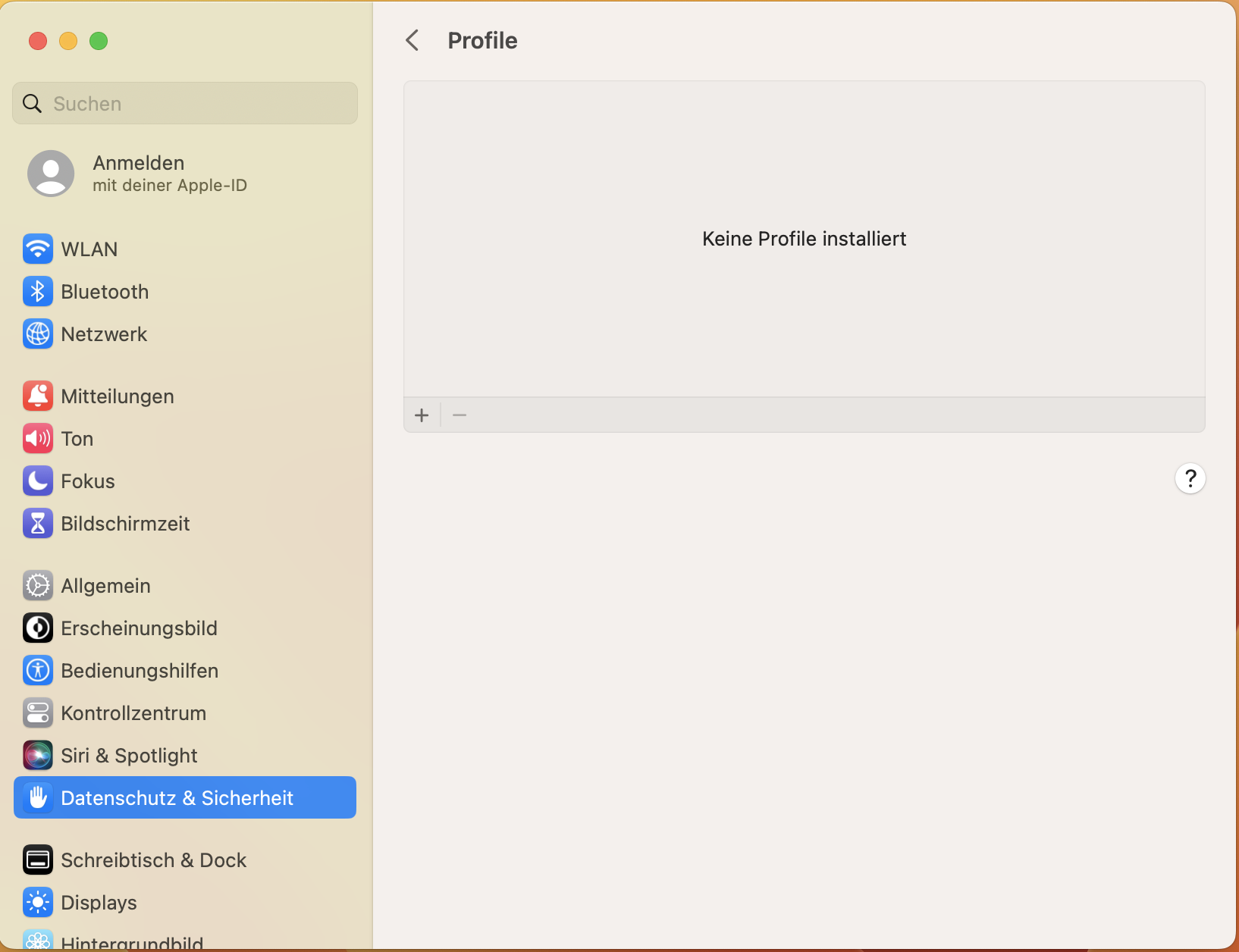 Bildschirmfoto. unter 'Profile' 'Keine Profile installiert'
