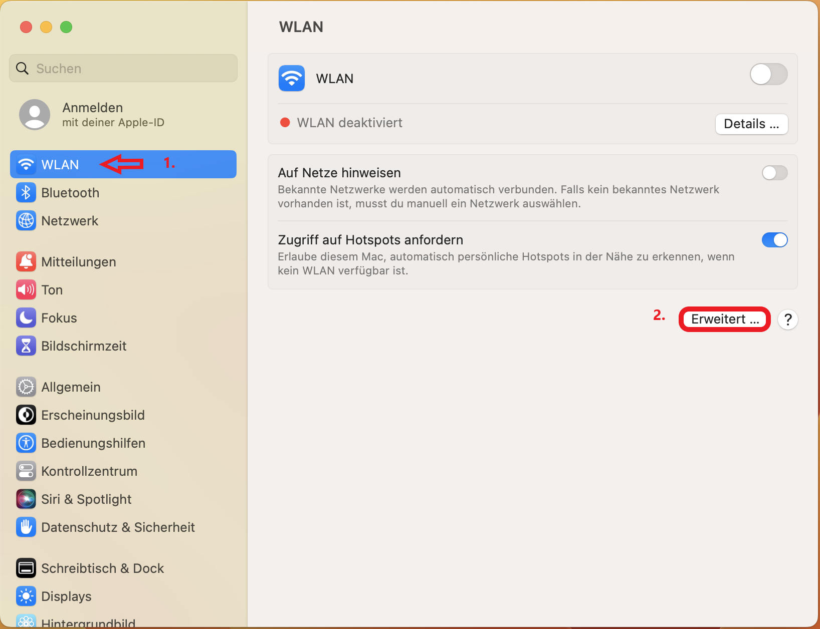 Bildschirmfoto. In Systemeinstellungen roter Pfeil mit roter '1.' auf 'WLAN'. Im Bereich WLAN Knopf 'Erweitert...' rot umrandet mit roter '2.'
