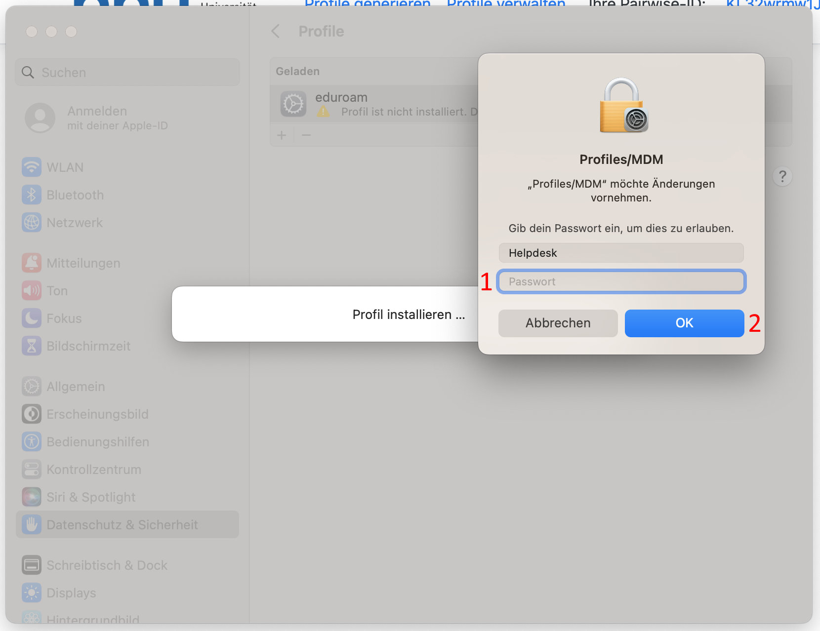 Bildschirmfoto. Pop-Up Profiles MDM. rote eins vor Passwortfeld. rote zwei an OK-Knopf