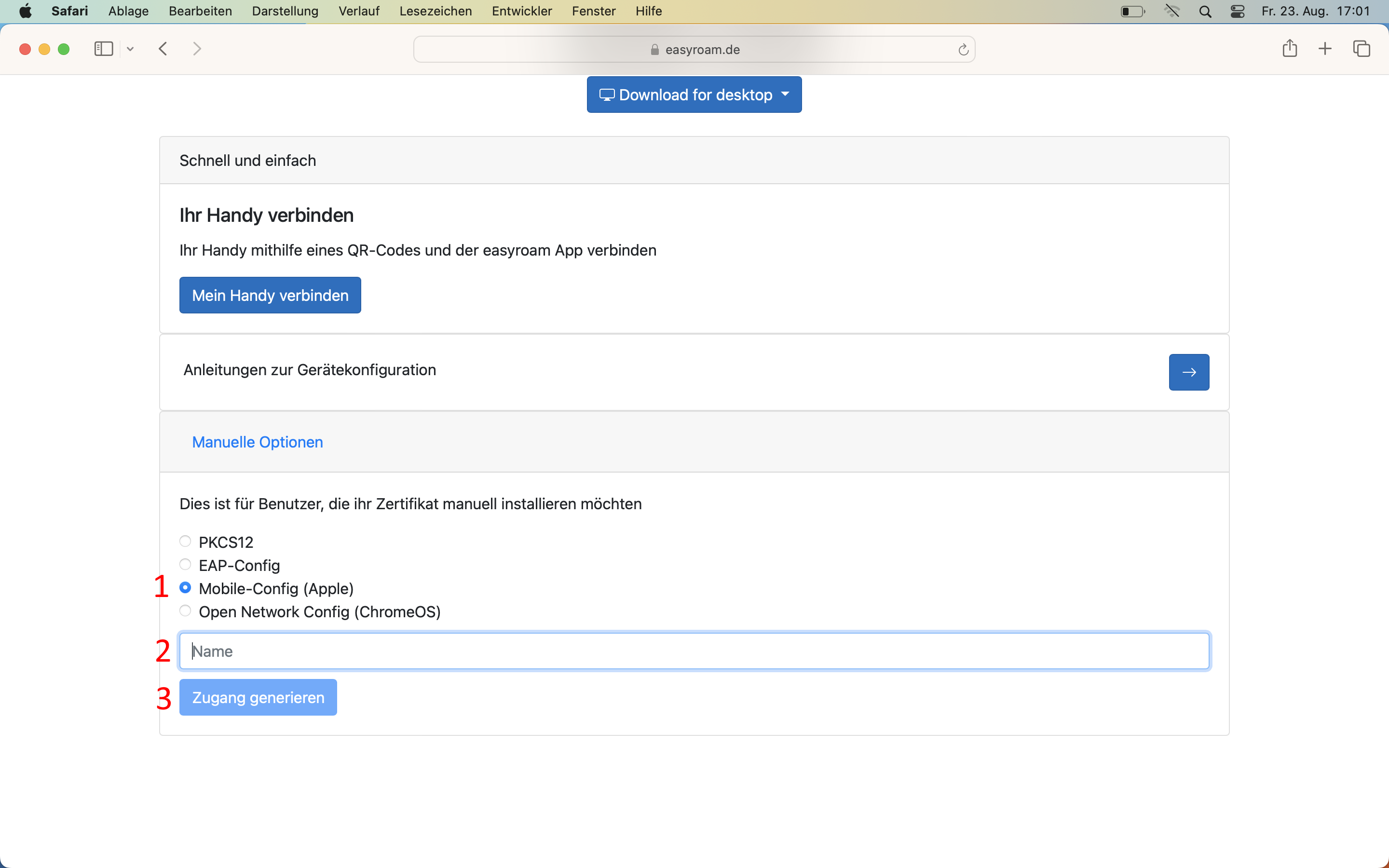 Bildschirmfoto. unter Manuelle Optionen. rote eins vor 'Mobile-Config'. rote zwei vor Namensfeld. rote drei vor 'Zugang generieren'-Knopf