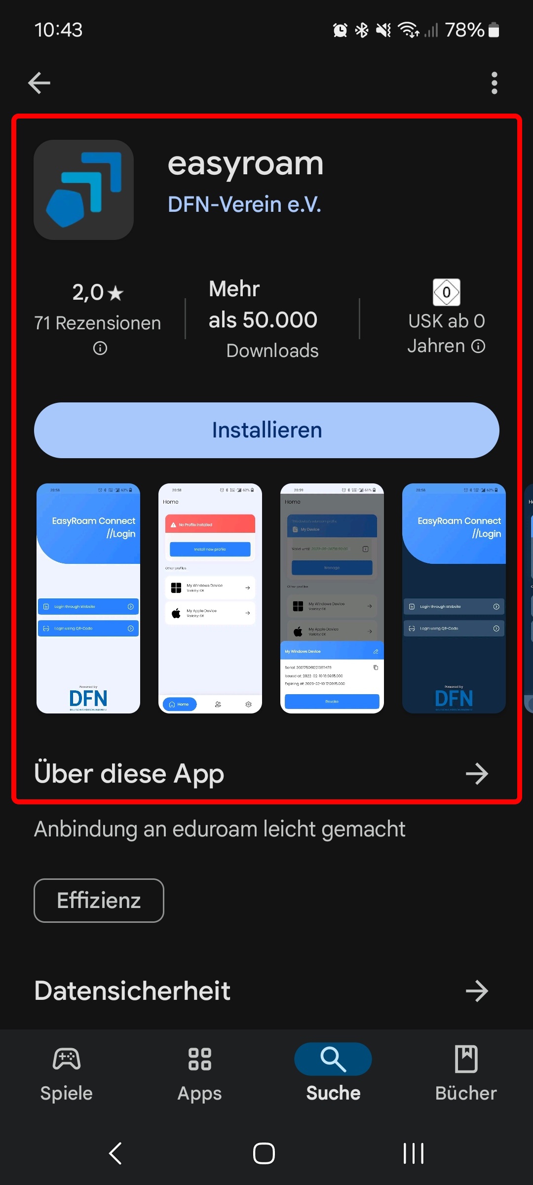 Bildschirmfoto. Easyroam-Anzeige im Google Play Store rot umrandet