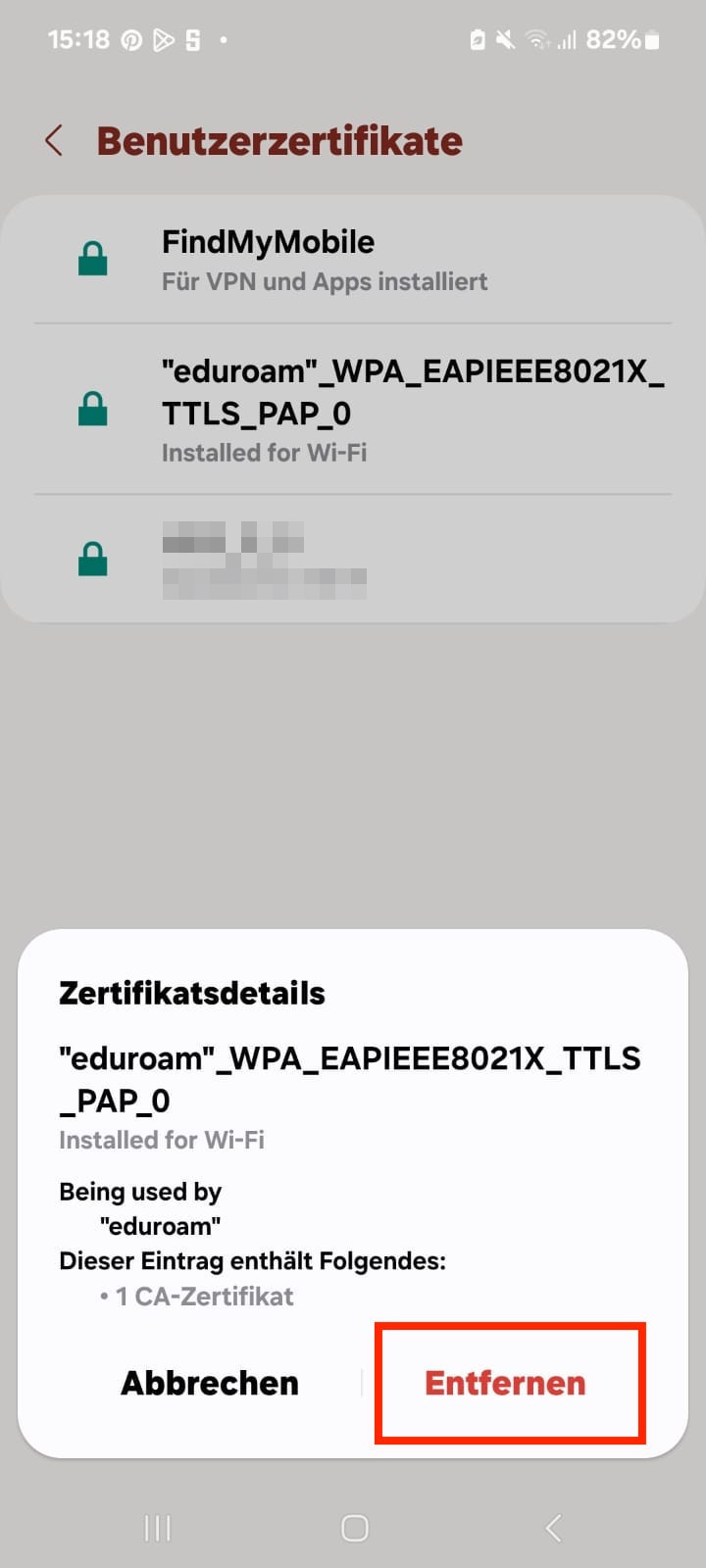 Bild Android Zertifikatsdetailis. 'Entfernen' unten rechts zur Verdeutlichung rot umrandet