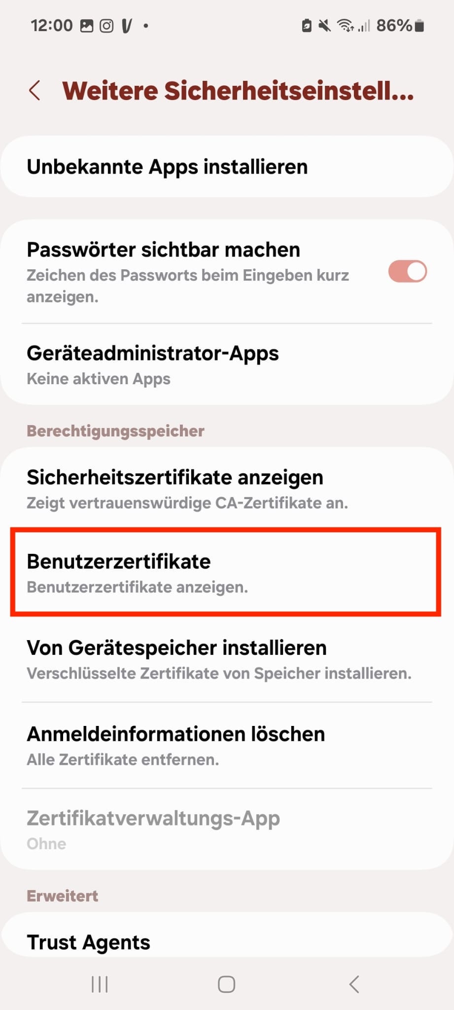 Bild Android Weitere Sicherheitseinstellungen. 'Benutzerzertifikate' zur Verdeutlichung rot umrandet
