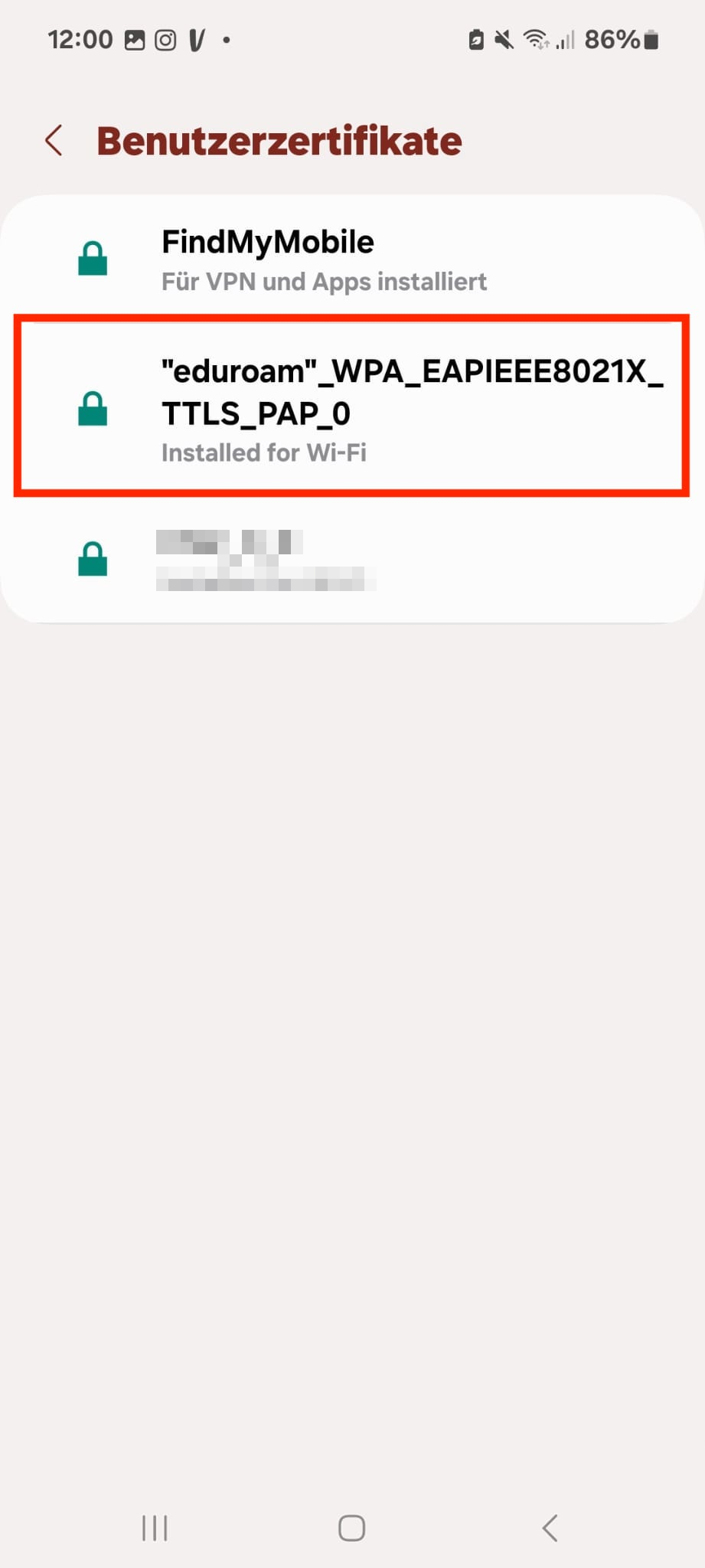 Bild Android Benutzerzertifikate. Vorhandenes edouroam-Zertifikat zur Verdeutlichung rot umrandet
