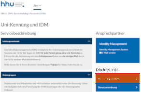 Bild idm.hhu.de Seite. Servicekatalogseite 'Unikennung und IDM', 'Direkte Links' in Marginalspalte hervorgehoben, 'Anmeldung am IDM' rot umrandet