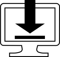 Bild Piktogramm Download. Computerbildschirm zentral davor Download-Symbol Pfeil nach unten auf Strich