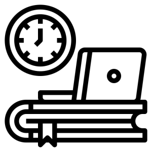 Bild Piktogramm Lernen. Wanduhr oben links, darunter ein Buch mit aufgeklapptem Laptop darauf